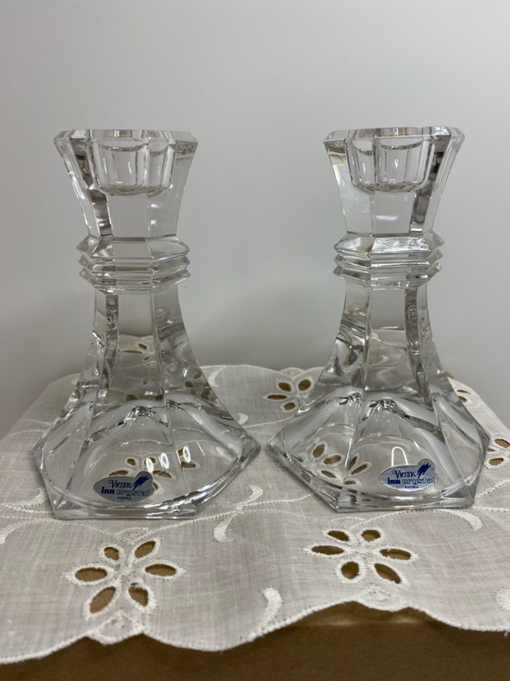 Vienna Inn Crystal Austria Candlesticks Pair Heavy Cut Crystal Faceted Elegant
